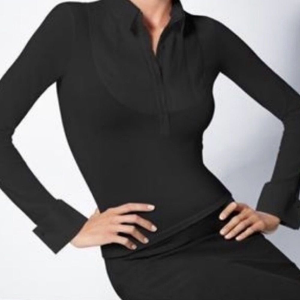 Wolford Black Tuxedo Bib Front Blouse Pleated Button Long Sleeve Top